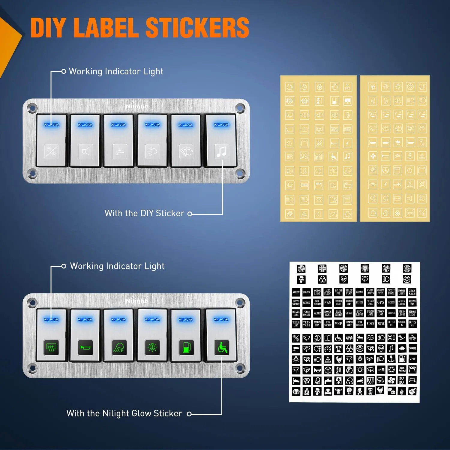 Nilight 6 Gang Rocker Switch Panel 3 Pin On Off Pre-Wired Blue LED Waterproof Aluminum with DIY Stickers for 12V 24V Automotive Cars Marine Boats UTV Truck Jeeps