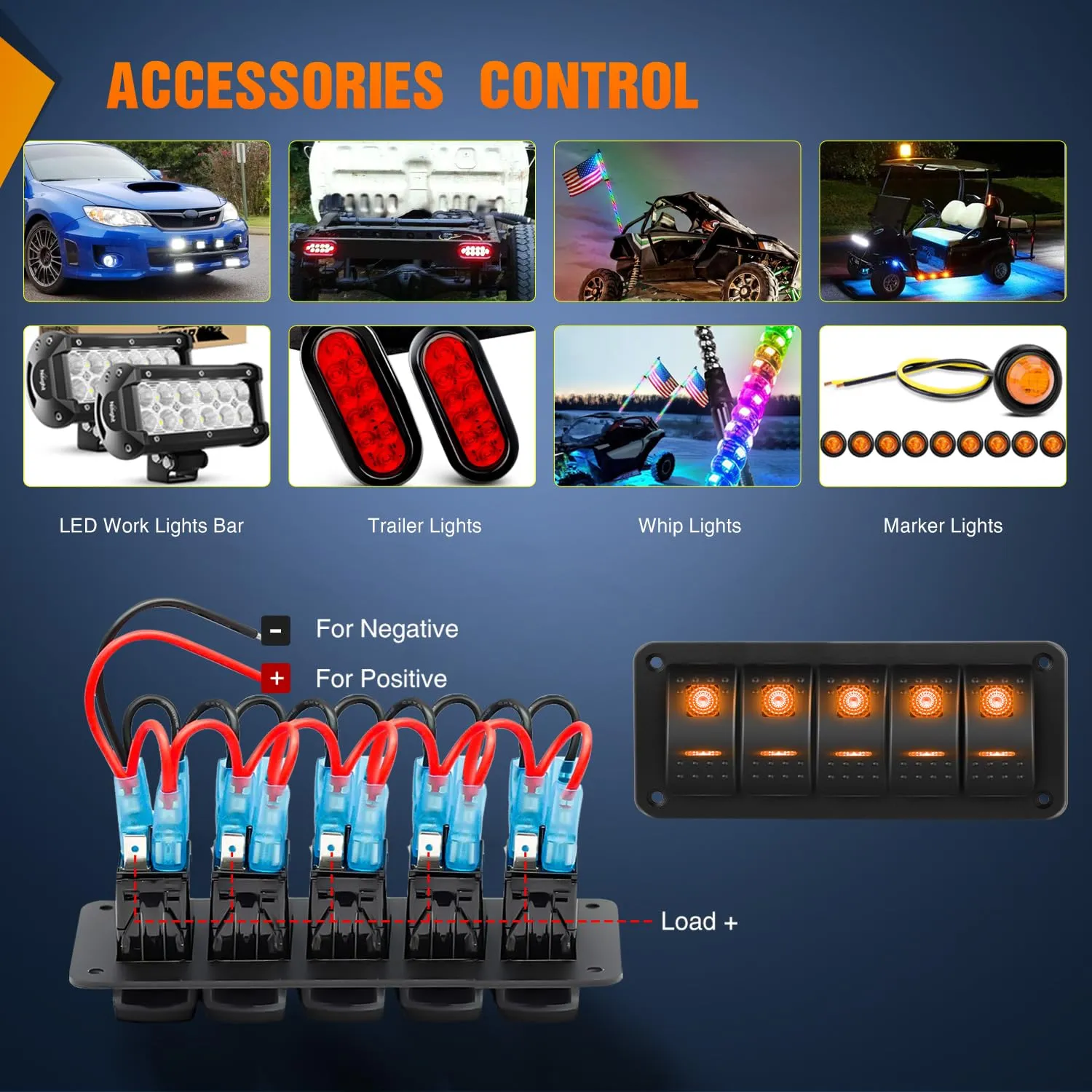 Nilight 6 Gang Rocker Switch Panel with Orange LED Light 5 Pin On Off Pre-Wired Aluminum Toggle Switches Waterproof for 12V/24V Cars Marine Boats ATVs Trailers RV Trucks