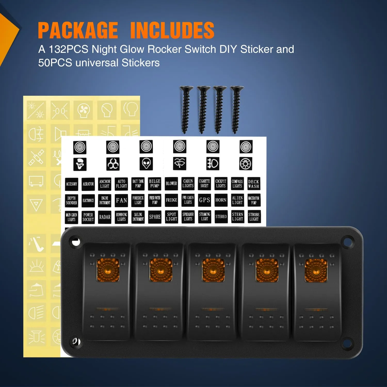 Nilight 6 Gang Rocker Switch Panel with Orange LED Light 5 Pin On Off Pre-Wired Aluminum Toggle Switches Waterproof for 12V/24V Cars Marine Boats ATVs Trailers RV Trucks