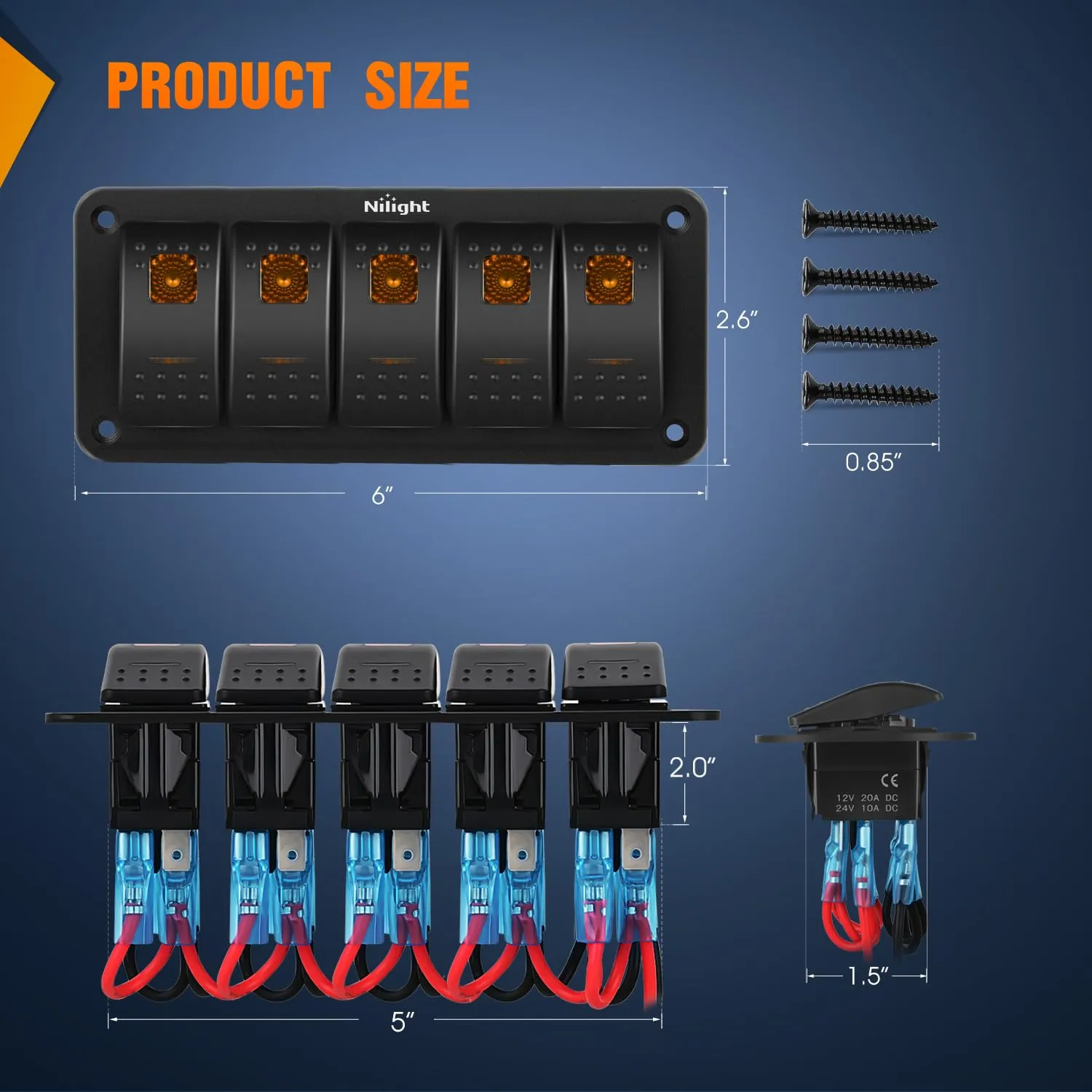 Nilight 6 Gang Rocker Switch Panel with Orange LED Light 5 Pin On Off Pre-Wired Aluminum Toggle Switches Waterproof for 12V/24V Cars Marine Boats ATVs Trailers RV Trucks