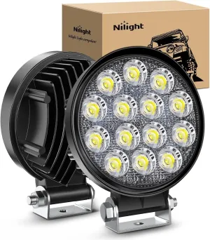 Nilight LED Pods 2Pcs 4.5Inch 42W 4200LM Round Flood Light Off Road Fog Lights Driving Roof LED Light Bar Work Light for ATV UTV SUV Truck Boat (15017C-B)