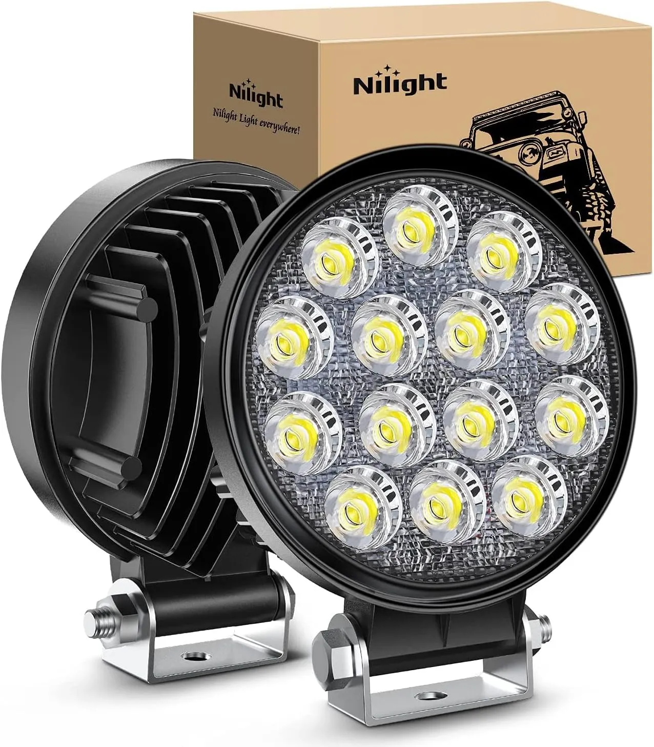Nilight LED Pods 2Pcs 4.5Inch 42W 4200LM Round Flood Light Off Road Fog Lights Driving Roof LED Light Bar Work Light for ATV UTV SUV Truck Boat (15017C-B)