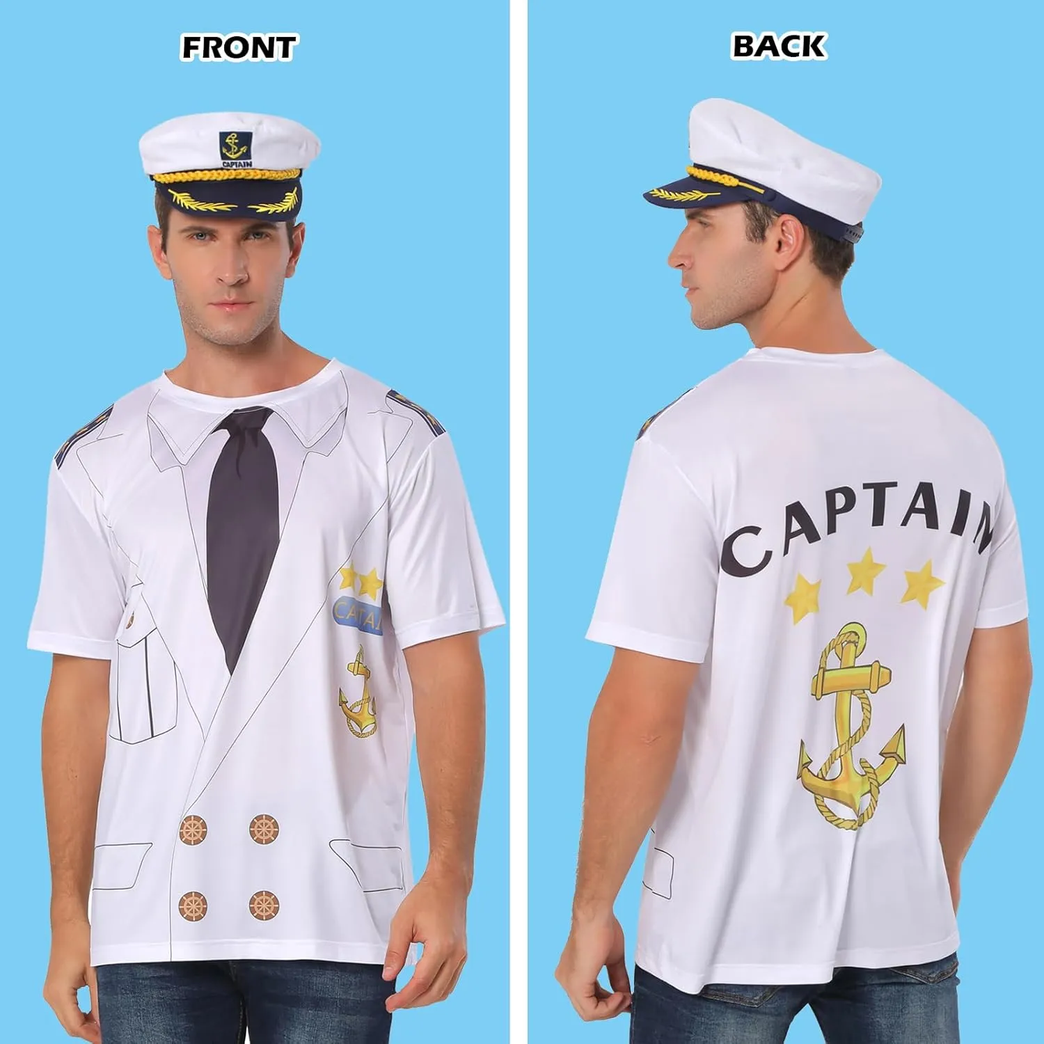 Novelty Mens Boat Captain T Shirts, Yacht Rock Nautical Cruise Uniform Party Costume Tee