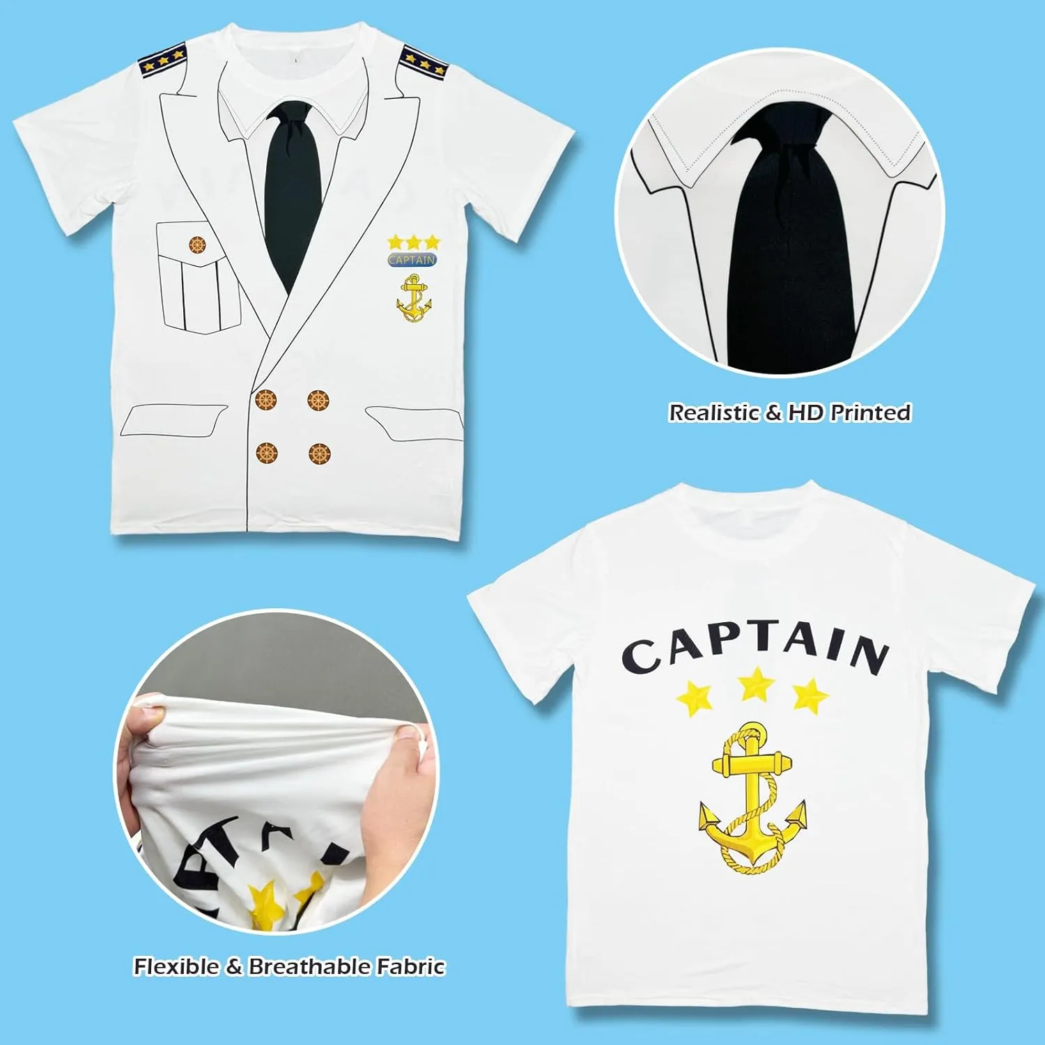 Novelty Mens Boat Captain T Shirts, Yacht Rock Nautical Cruise Uniform Party Costume Tee