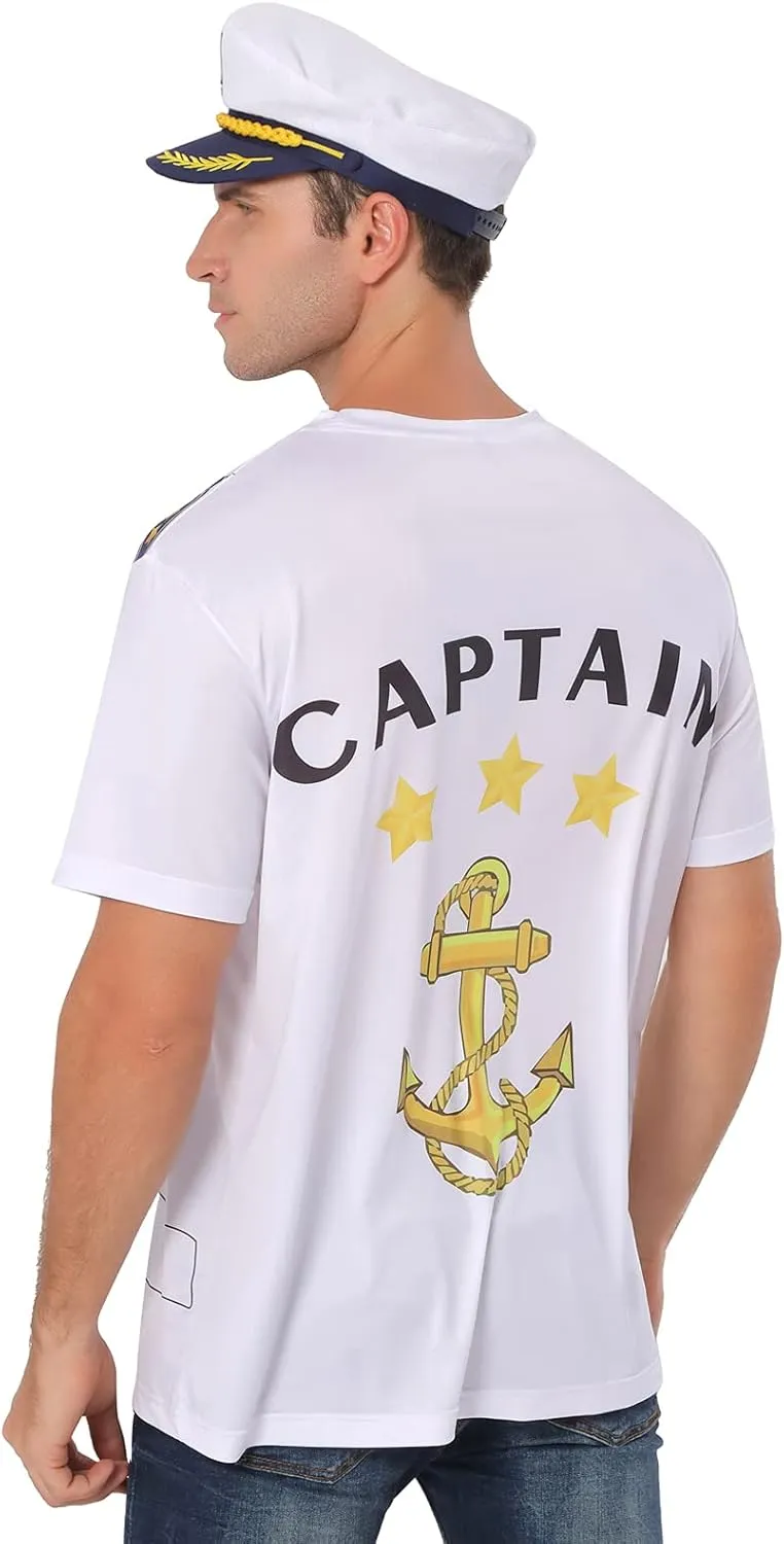 Novelty Mens Boat Captain T Shirts, Yacht Rock Nautical Cruise Uniform Party Costume Tee