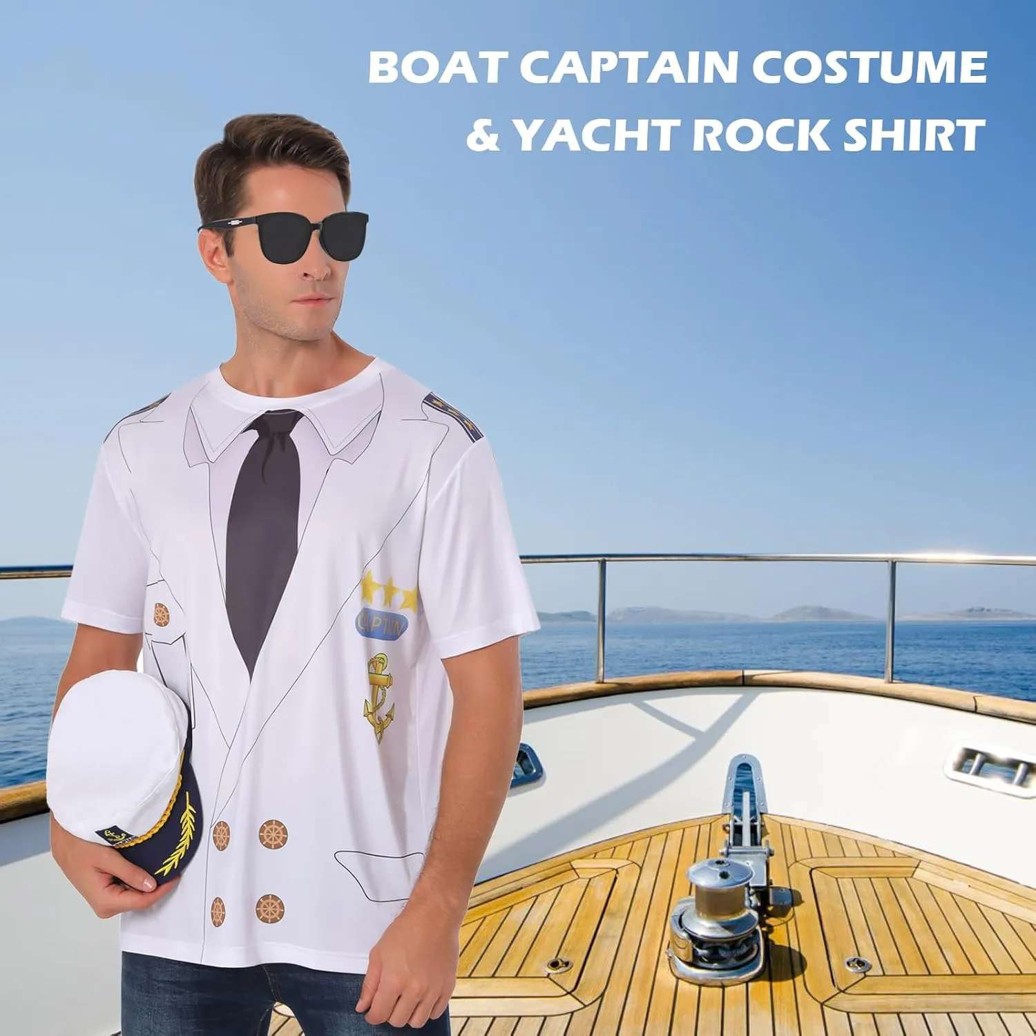 Novelty Mens Boat Captain T Shirts, Yacht Rock Nautical Cruise Uniform Party Costume Tee