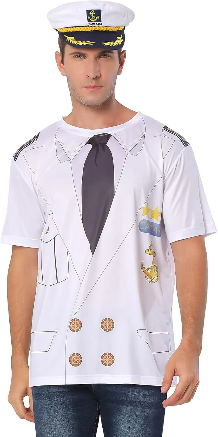 Novelty Mens Boat Captain T Shirts, Yacht Rock Nautical Cruise Uniform Party Costume Tee