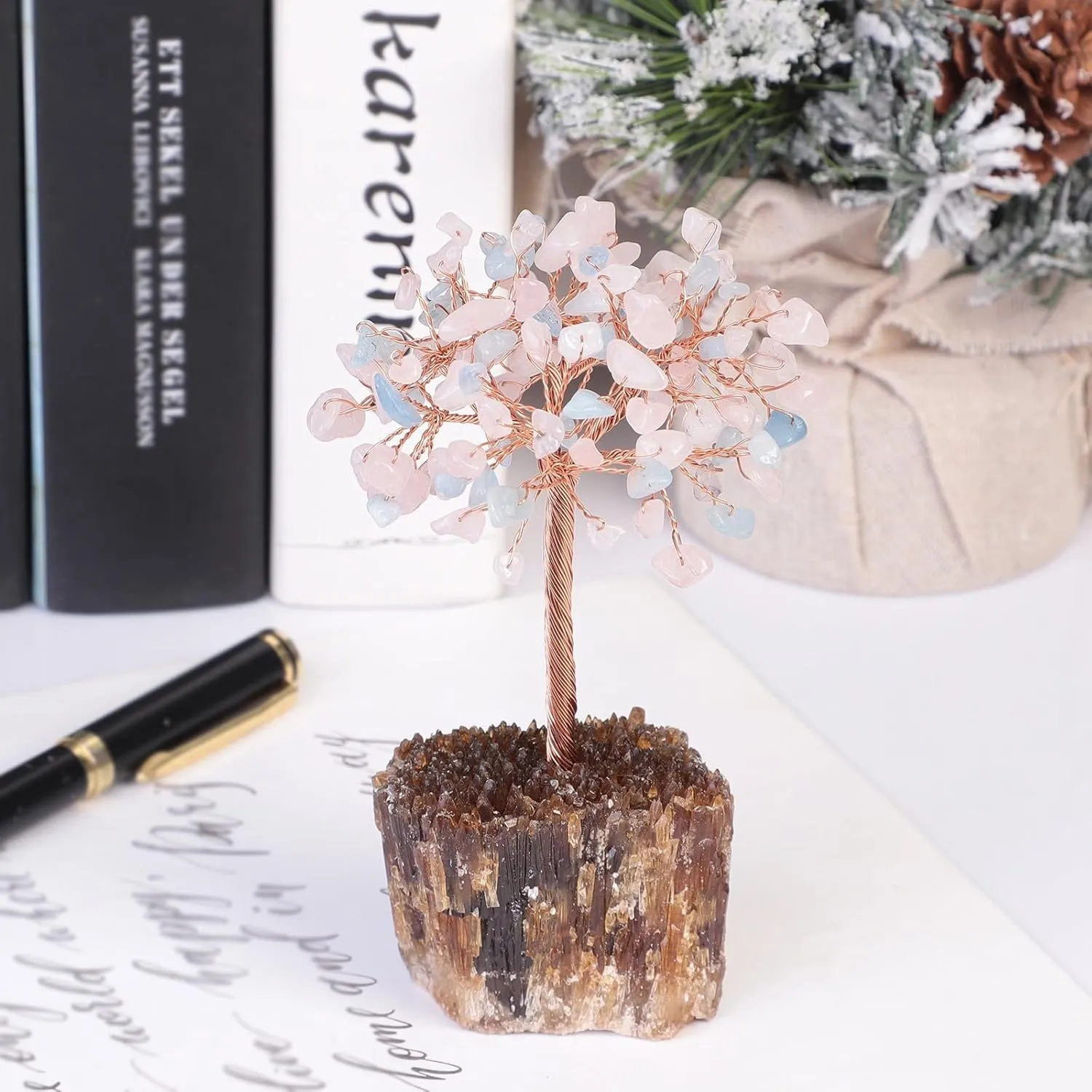 Nupuyai Rough Amber Calcite Base with Crystal Tree Handmade Wire Wrapped Tree of Life Feng Shui Money Tree Decor for Window Tabletop, Rose Quartz/Aquamarine