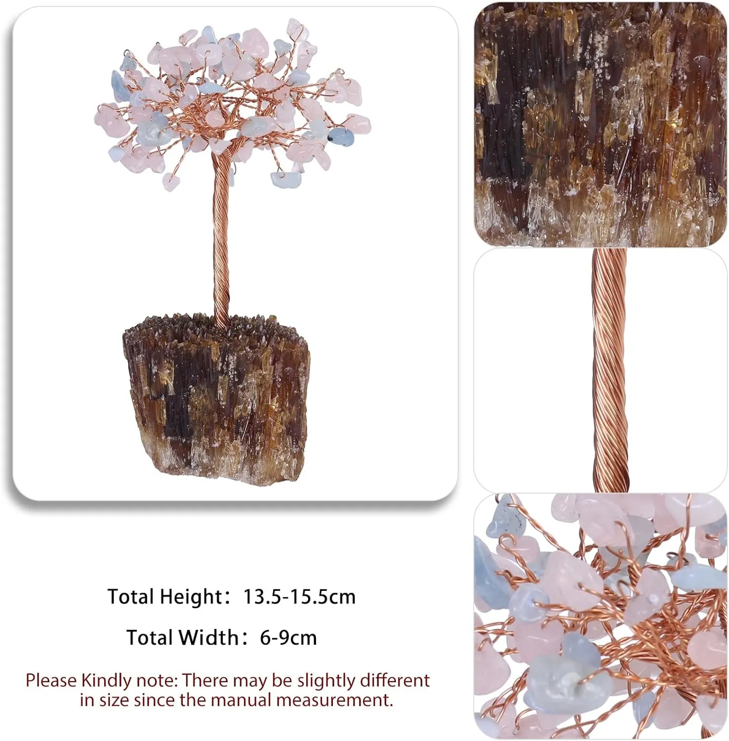 Nupuyai Rough Amber Calcite Base with Crystal Tree Handmade Wire Wrapped Tree of Life Feng Shui Money Tree Decor for Window Tabletop, Rose Quartz/Aquamarine