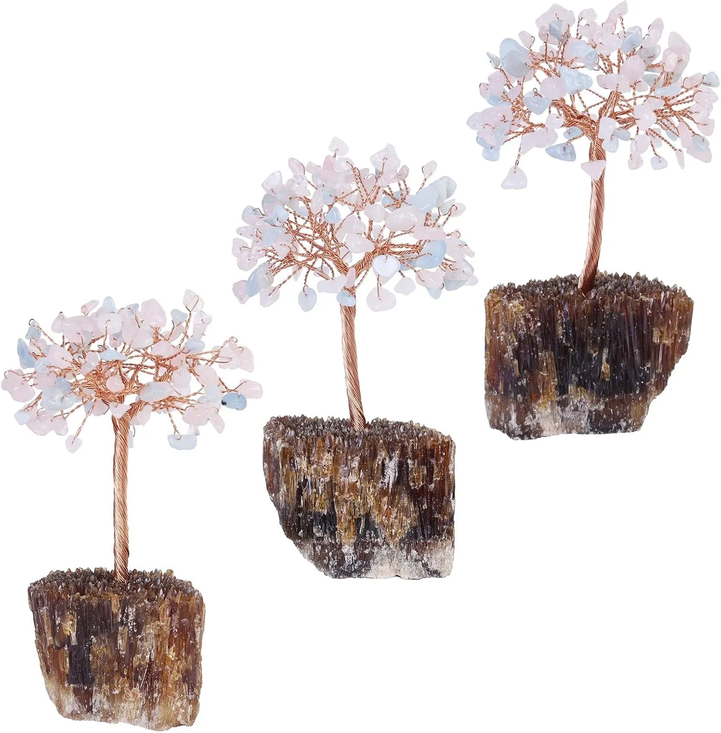 Nupuyai Rough Amber Calcite Base with Crystal Tree Handmade Wire Wrapped Tree of Life Feng Shui Money Tree Decor for Window Tabletop, Rose Quartz/Aquamarine