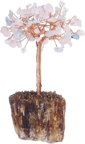 Nupuyai Rough Amber Calcite Base with Crystal Tree Handmade Wire Wrapped Tree of Life Feng Shui Money Tree Decor for Window Tabletop, Rose Quartz/Aquamarine