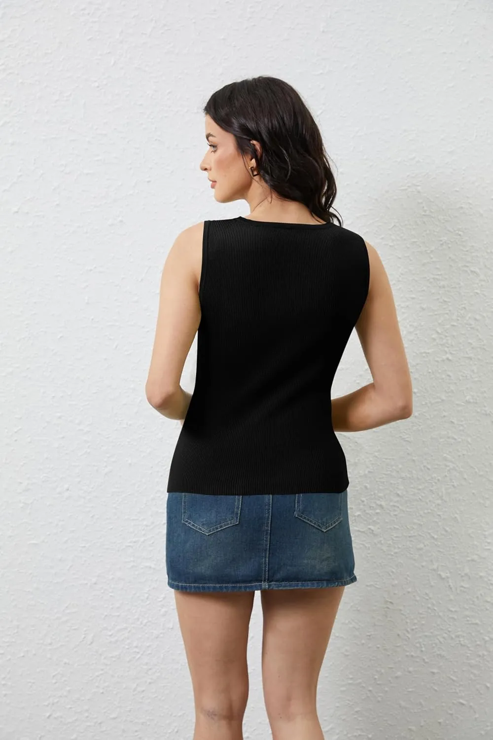 OLAPTA Women Asymmetrical Button Down Side Split Sleeveless Tank Tops Boat Neck Slim Fit Summer Casual Side Button Knit Vest