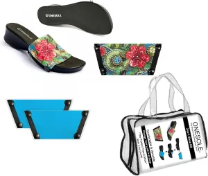 Onesole Leisure Black Travel Kit, Women’s Low Heel Wedge Sandals, Comfy Black Slip On Shoe with Two Sets of Tops in Solid Teal and Floral Print, for Dress and Casual, (Size 9)