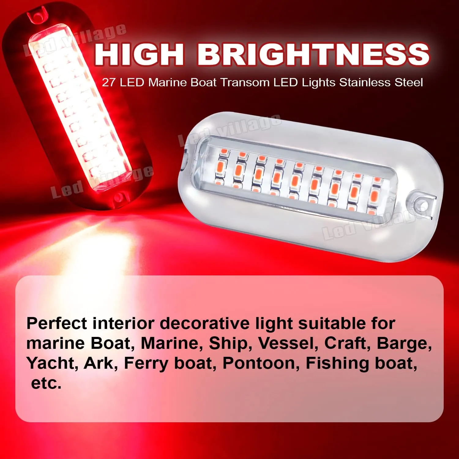 (Pack of 2) Clear Lens Red Marine 27 LED Transom Lights Underwater Navigation Stainless Steel Housing Pontoons Yachts Ships Sailboat Waterproof 10-30V DC