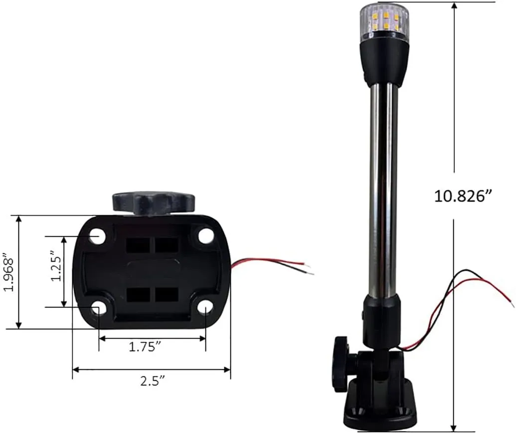 Pactrade Marine Boat Navigation Lights LED - 10.5 Inch White All-Round/Stern Light Pole (Folding Base, Surface Mount) - Boat Accessories for Pontoon, Yacht, Kayak