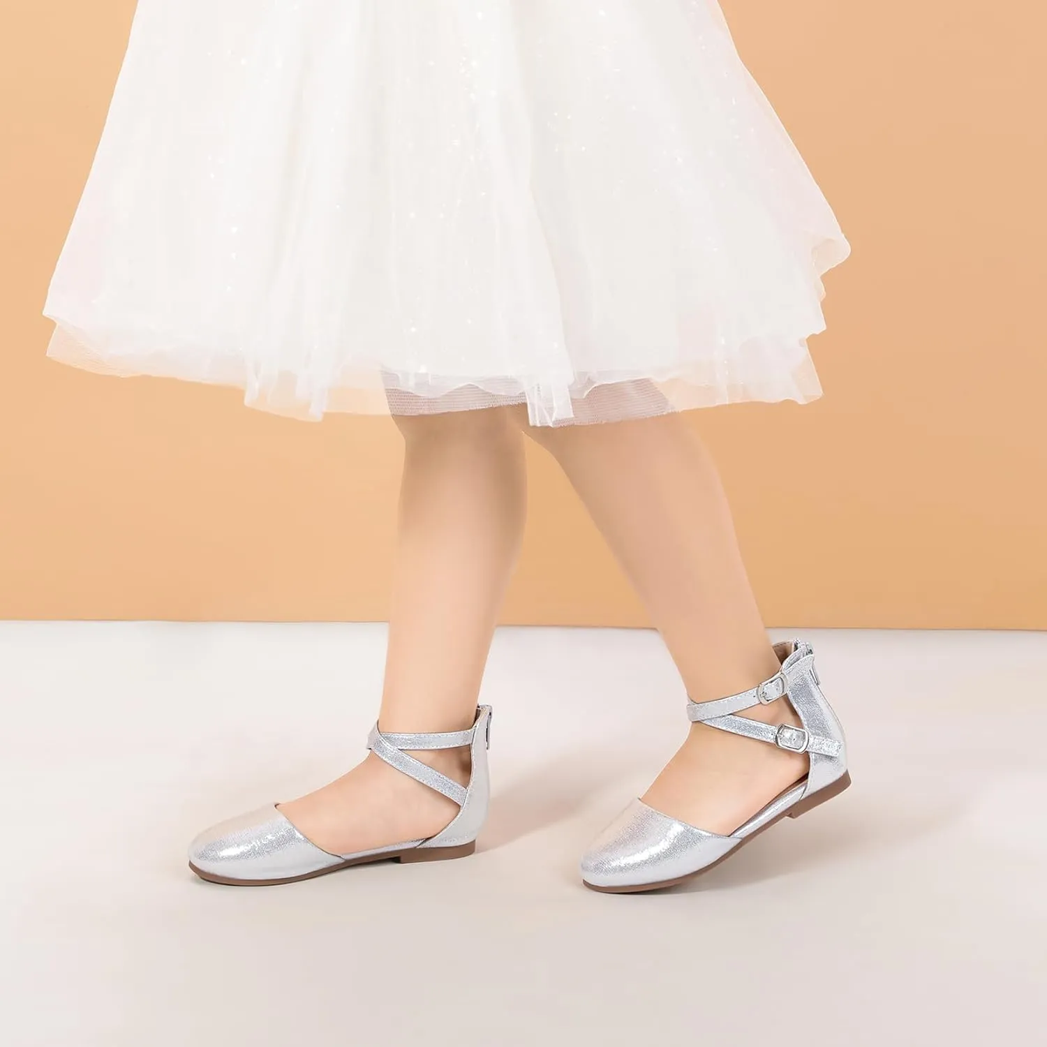 PANDANINJIA Girls Dress Shoes Flats Wedding Party School Toddler Little Kids Ankle Strap Ballet Flats Sandals