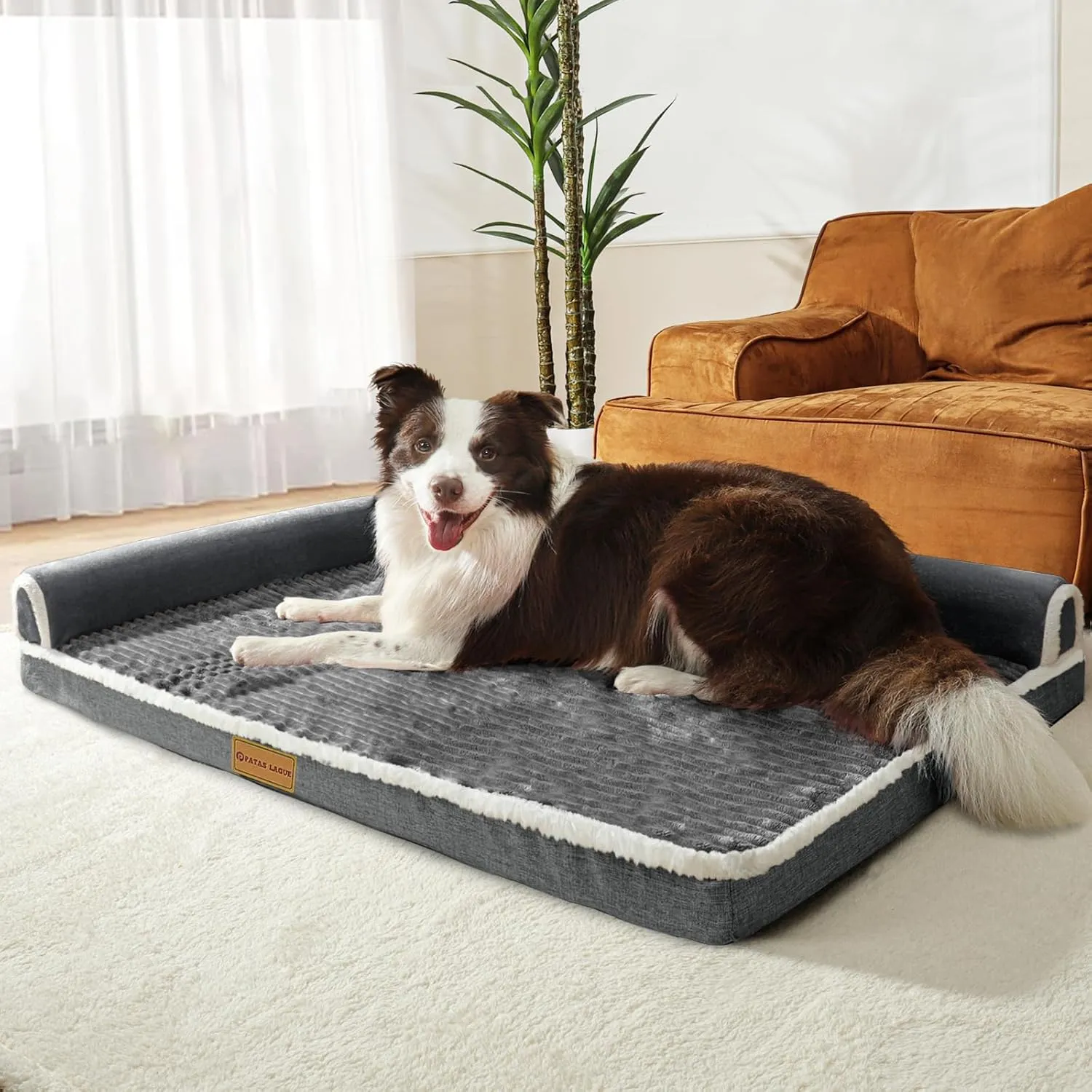 Patas Lague Orthopedic Dog Bed for Medium Dogs 36''X24'', Waterproof Comfortable L Shaped Medium Non-Slip Soft Warm Pet Sofa Sleep Bed mat with Removable Washable Cover, Grey