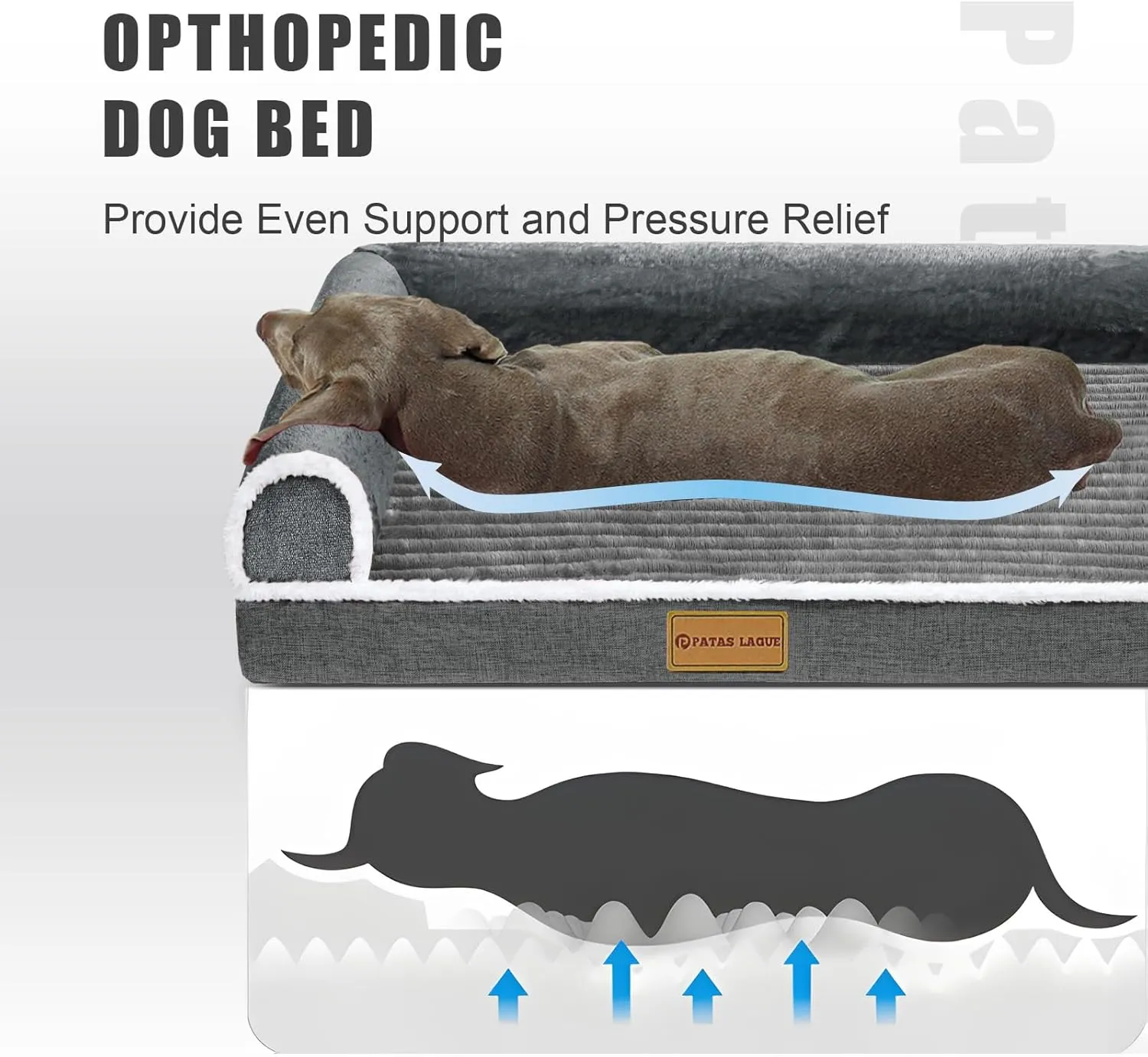 Patas Lague Orthopedic Dog Bed for Medium Dogs 36''X24'', Waterproof Comfortable L Shaped Medium Non-Slip Soft Warm Pet Sofa Sleep Bed mat with Removable Washable Cover, Grey