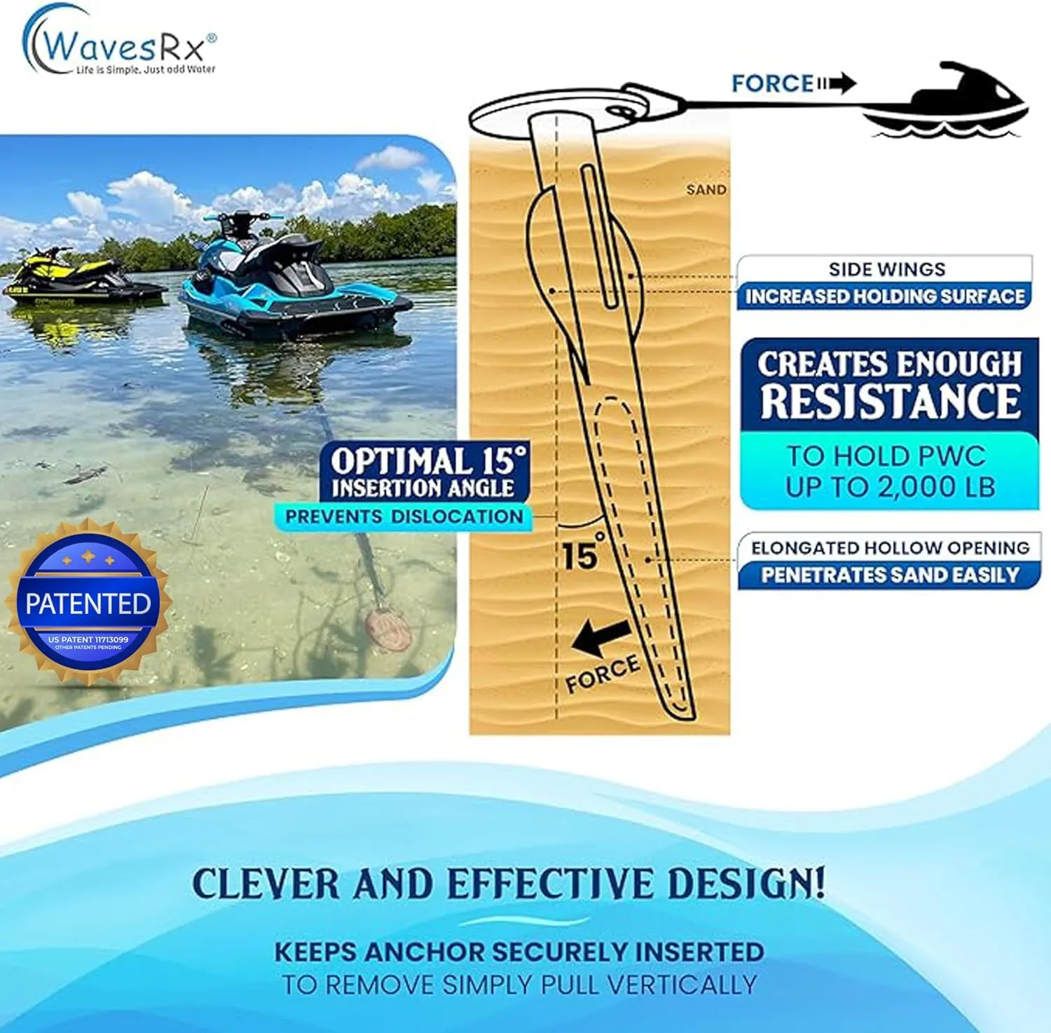 Patented Aluminum Spike Beach Anchor | Ultra-Light Sand Anchor for Boat, Pontoon, PWC, Jet Ski or Kayak | Secure and Effective Watercraft Anchoring Near Shore, Sand-bar or in Shallow Water