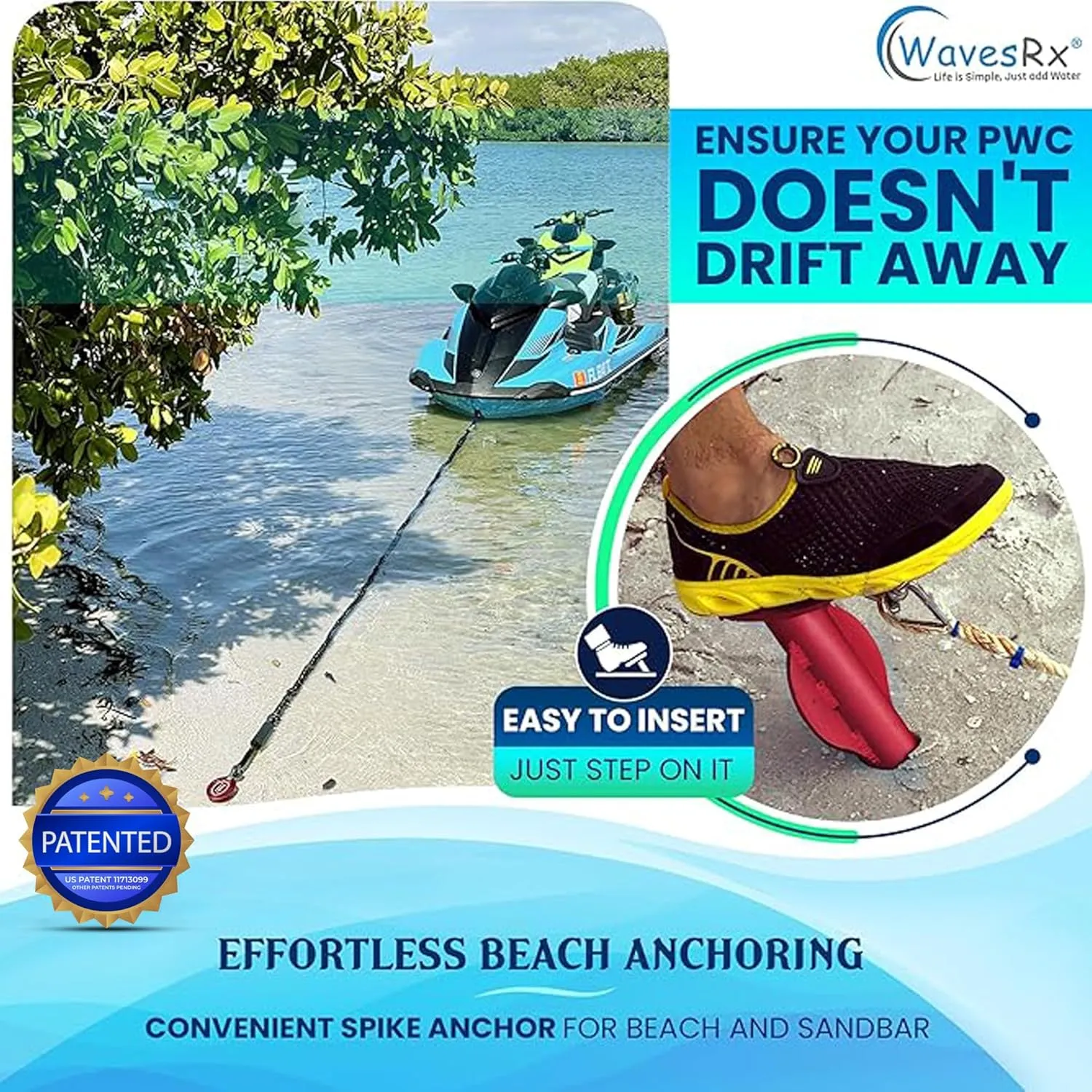 Patented Aluminum Spike Beach Anchor | Ultra-Light Sand Anchor for Boat, Pontoon, PWC, Jet Ski or Kayak | Secure and Effective Watercraft Anchoring Near Shore, Sand-bar or in Shallow Water