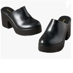 Pazzion Black Comfy Thick Platform Round Toe Clogs Slip On Block High Heel Mule