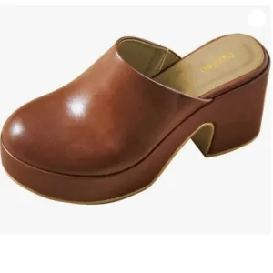 Pazzion Womens Thick Platform Round Closed Toe Clogs Mule Block High Heel Brown