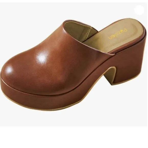 Pazzion Womens Thick Platform Round Closed Toe Clogs Mule Block High Heel Brown