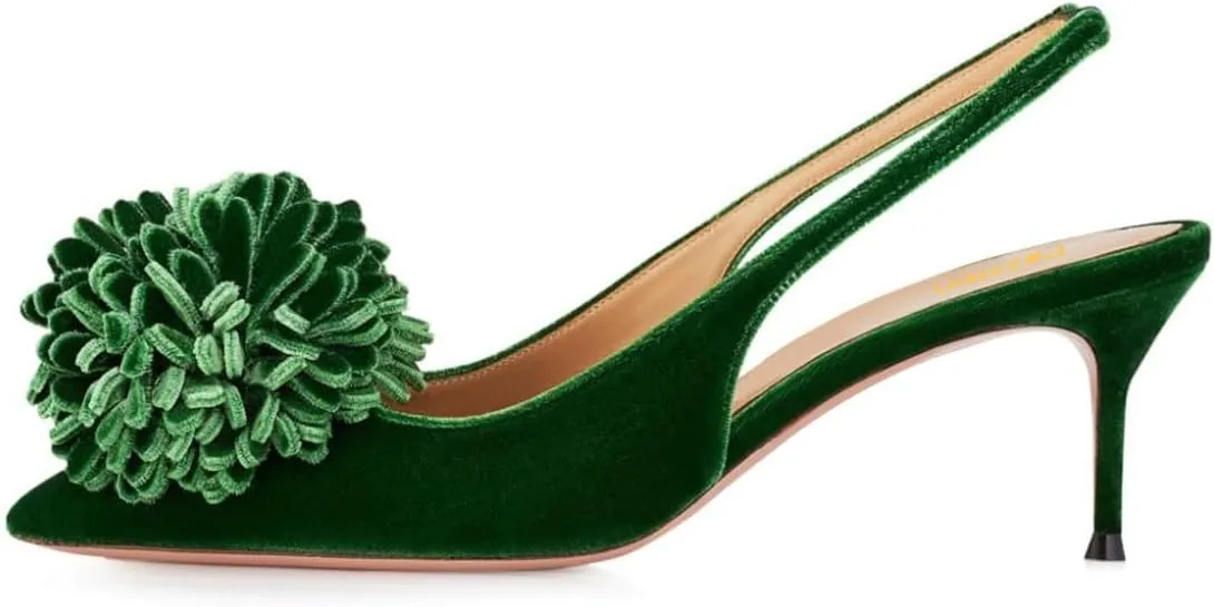 Pazzion Women's Velvet Pompom Stiletto Heel Pumps Pointed Toe Slip On Elastic Slingback Strap Mid Heels Comfy Prom Dancing Shoes Size 4-16 US