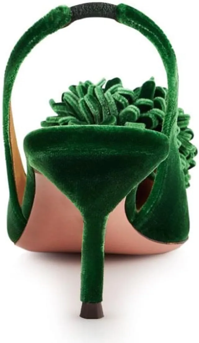 Pazzion Women's Velvet Pompom Stiletto Heel Pumps Pointed Toe Slip On Elastic Slingback Strap Mid Heels Comfy Prom Dancing Shoes Size 4-16 US