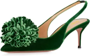 Pazzion Women's Velvet Pompom Stiletto Heel Pumps Pointed Toe Slip On Elastic Slingback Strap Mid Heels Comfy Prom Dancing Shoes Size 4-16 US