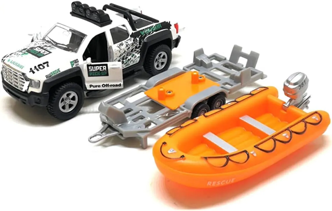 Pickup Truck Trailer Towing Speed Boat 2 in 1 Playset Diecast Model Car Metal Pull Back Toy Cars 1/36 SUV Vehicle Outdoor Sandbox Adventure Play Set Doors Open Light Sound Boys Toys Kids Gifts
