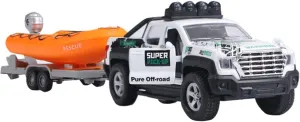Pickup Truck Trailer Towing Speed Boat 2 in 1 Playset Diecast Model Car Metal Pull Back Toy Cars 1/36 SUV Vehicle Outdoor Sandbox Adventure Play Set Doors Open Light Sound Boys Toys Kids Gifts