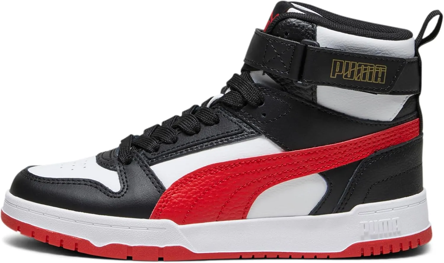 PUMA Unisex-Child Mid Shoes RBD Game Sneaker, White-Black-Team Gold, 4 US Big Kid