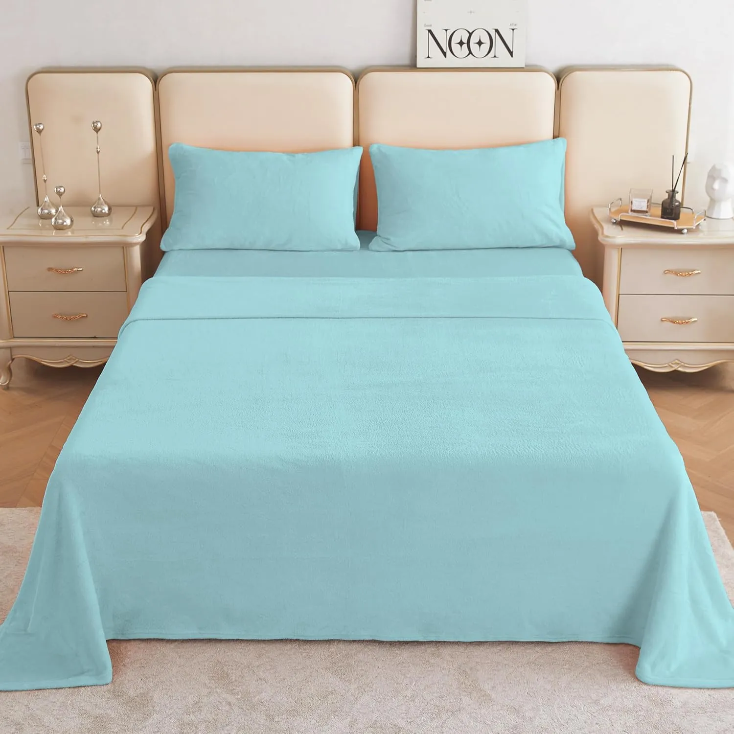 Queen Micro Fleece Sheets Set, 4-Piece Queen Size Bed Sheet Set, Plush Velvet Fleece Sheet Set with 15" Deep Pocket Fitted Sheet, Flat Sheet, 2 Pillowcase, Soft and Warm, Aqua
