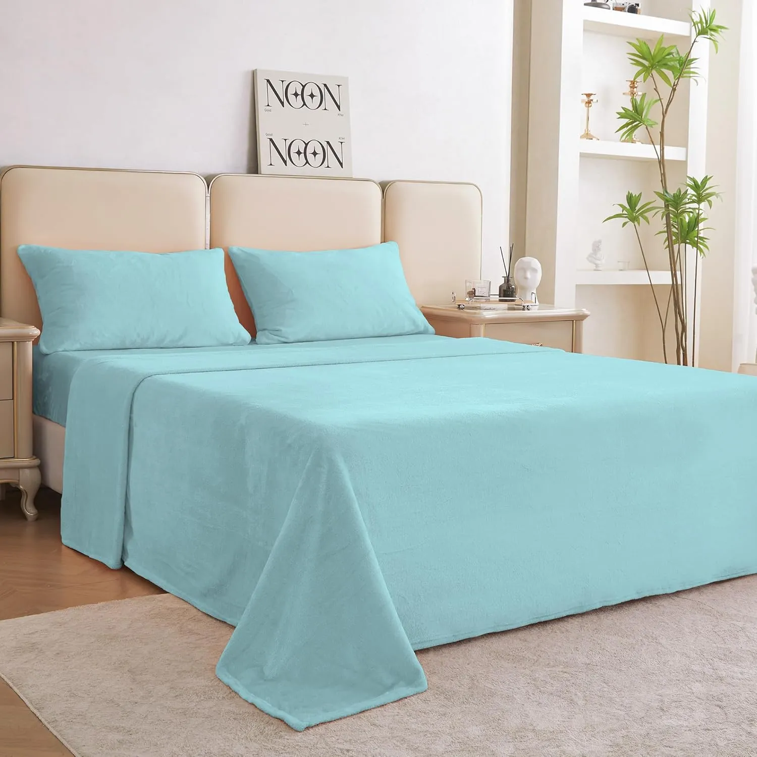 Queen Micro Fleece Sheets Set, 4-Piece Queen Size Bed Sheet Set, Plush Velvet Fleece Sheet Set with 15" Deep Pocket Fitted Sheet, Flat Sheet, 2 Pillowcase, Soft and Warm, Aqua