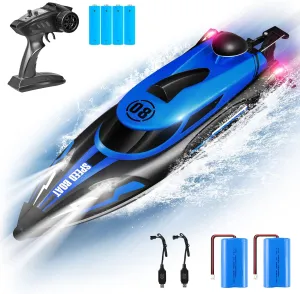 RC Boat - 20MPH Speed 2.4GHz Remote Control Boat for Pool & Lake, Front Headlight, 2 Rechargeable Batteries for 40Min Play, 500Ft Signal Range, Water Toys for Kids Ages 5-12 Boys Girls Toddler Gift