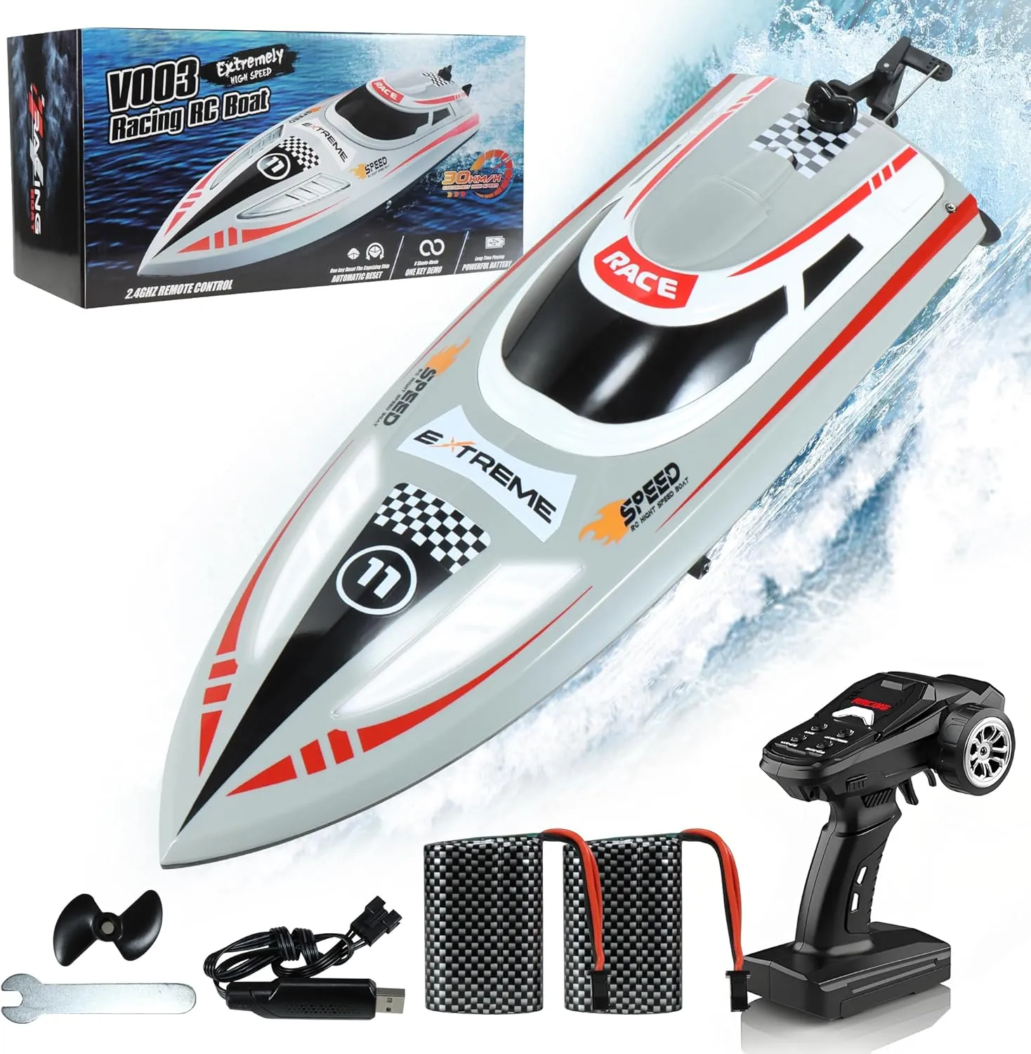 RC Boat for Kids Adults, Remote Control Boat for Lake Pool River with Cruise-Control, 30  KPH Racing Boats, 60Min, 3 Speeds, Self-Righting, One Key Demo, LED Light, 2 Batteries, Ideal Gifts for Kids