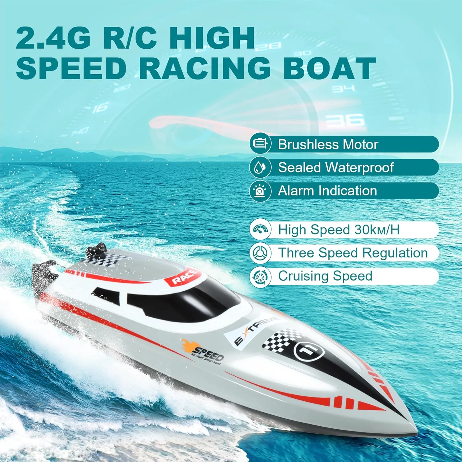 RC Boat for Kids Adults, Remote Control Boat for Lake Pool River with Cruise-Control, 30  KPH Racing Boats, 60Min, 3 Speeds, Self-Righting, One Key Demo, LED Light, 2 Batteries, Ideal Gifts for Kids