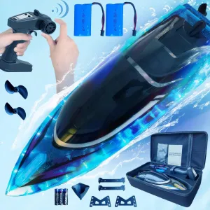 RC Boat with 2 Rechargeable Battery, 30  MPH Fast Remote Control Boat with Storage Package, 2.4G Large RC Electric Boats Pool and Lakes Toys with LED Lights for Adults and Kid