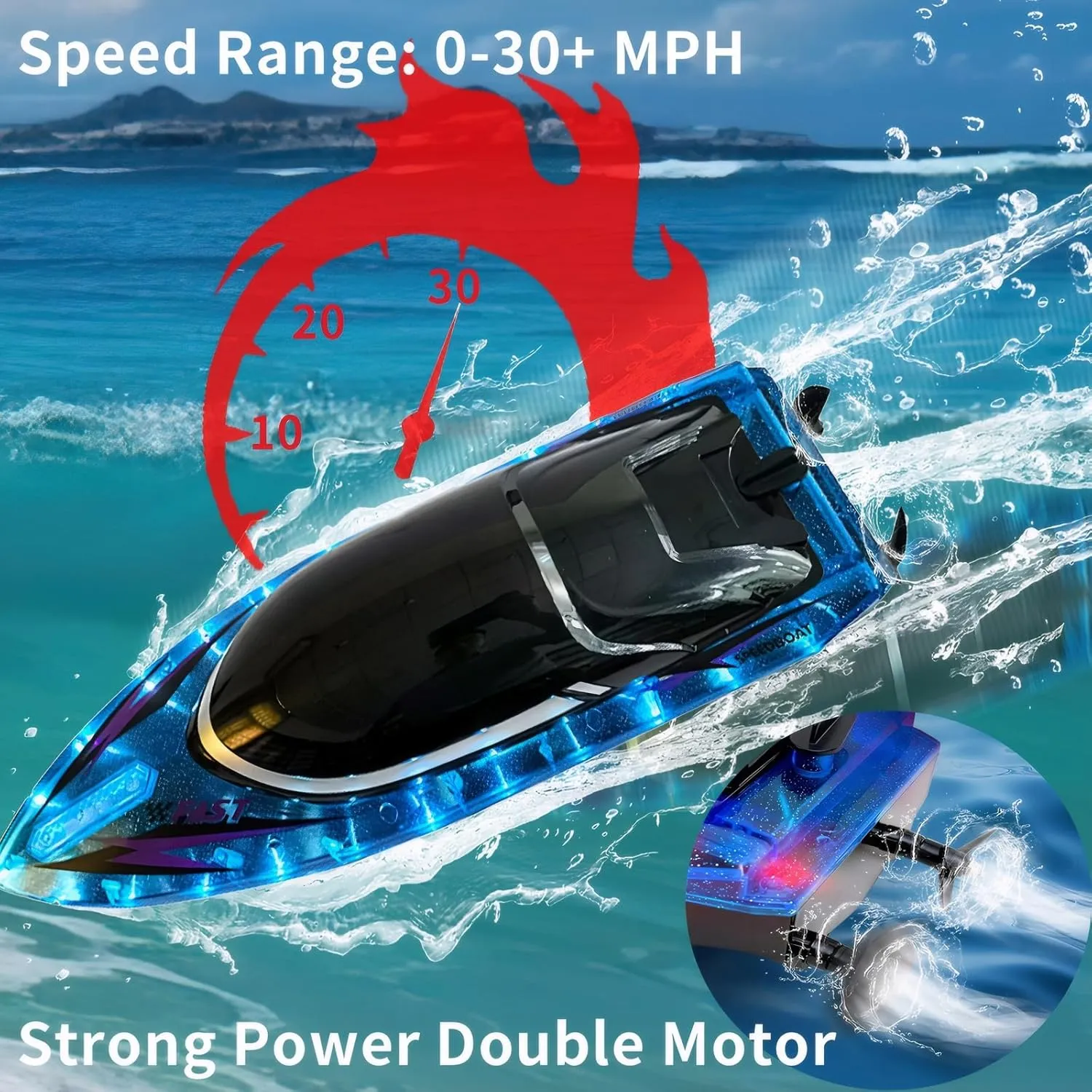 RC Boat with 2 Rechargeable Battery, 30  MPH Fast Remote Control Boat with Storage Package, 2.4G Large RC Electric Boats Pool and Lakes Toys with LED Lights for Adults and Kid