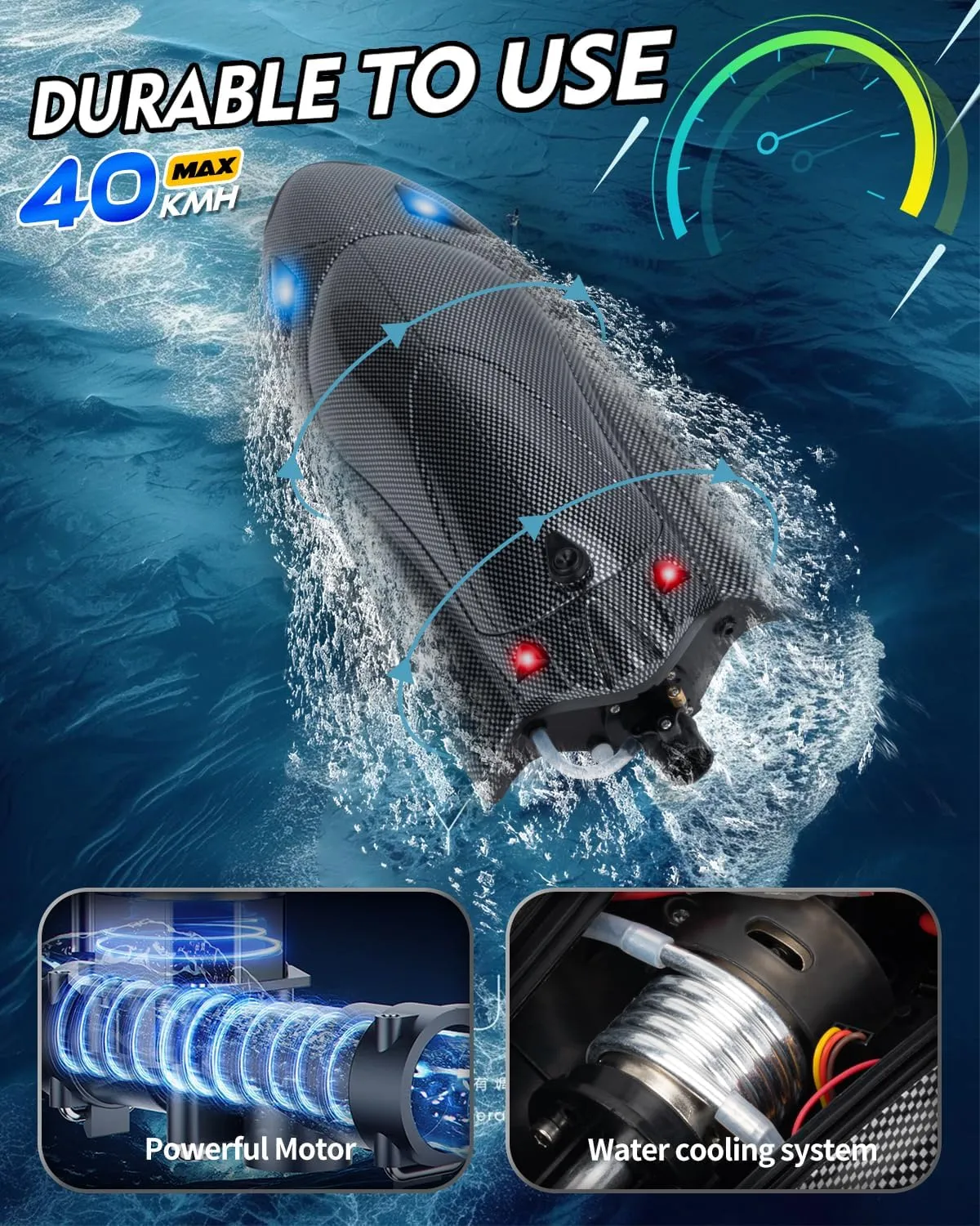 RC Jet Boat 40KPH, Fast Remote Control Speedboat for Adults Youth with Self-Righting, LED Light, Low Battery Alarm, Speed King Racing Boat for Salt Water, Lake, River, Fishing
