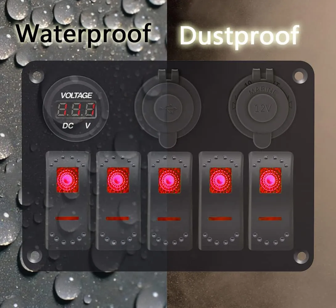 Red 5 Gang Marine Switch Panel - Waterproof Boat Switch Panel with 3.1A Dual USB, LED Voltmeter & Cigarette Lighter Socket for Boats, Trucks, RVs, SUVs