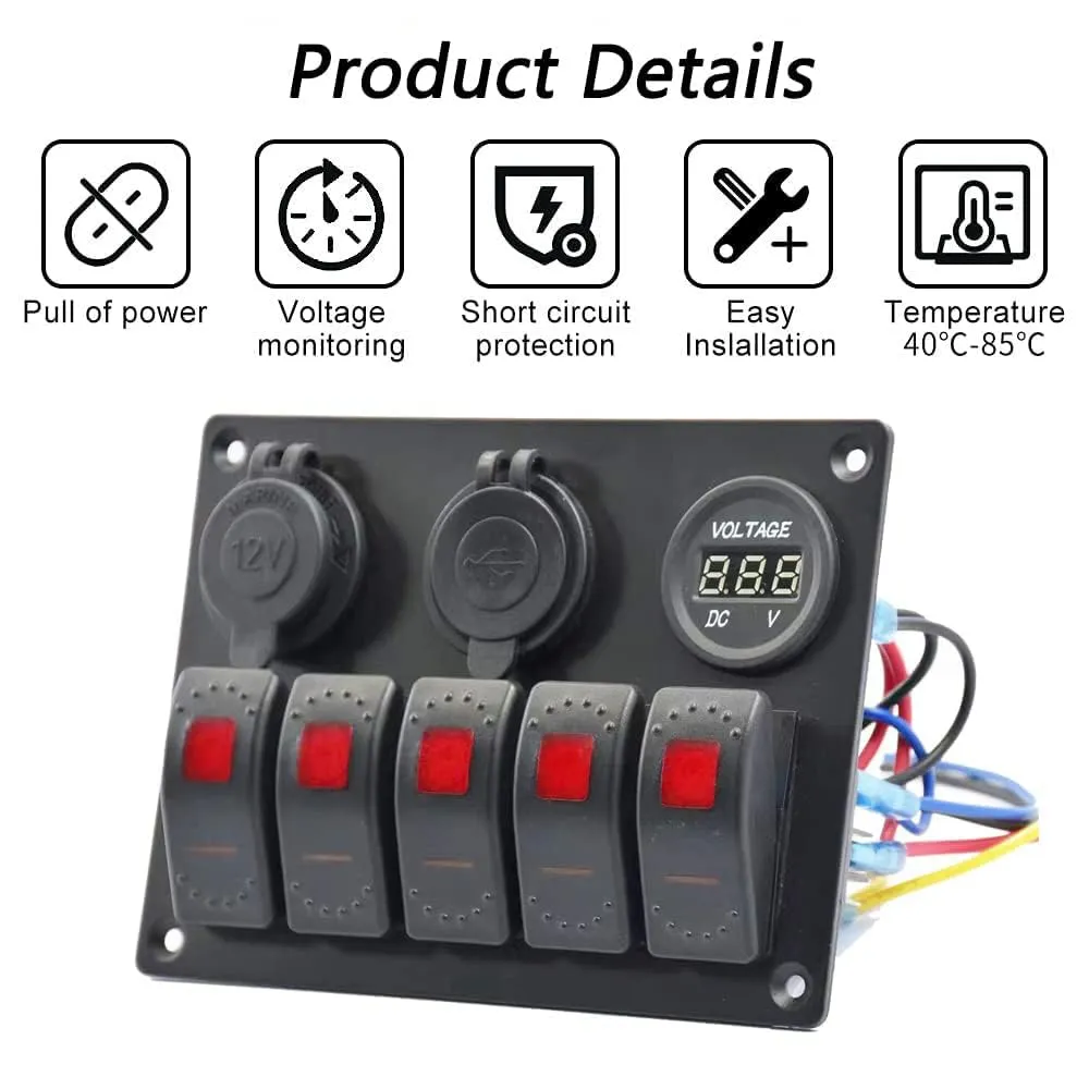 Red 5 Gang Marine Switch Panel - Waterproof Boat Switch Panel with 3.1A Dual USB, LED Voltmeter & Cigarette Lighter Socket for Boats, Trucks, RVs, SUVs