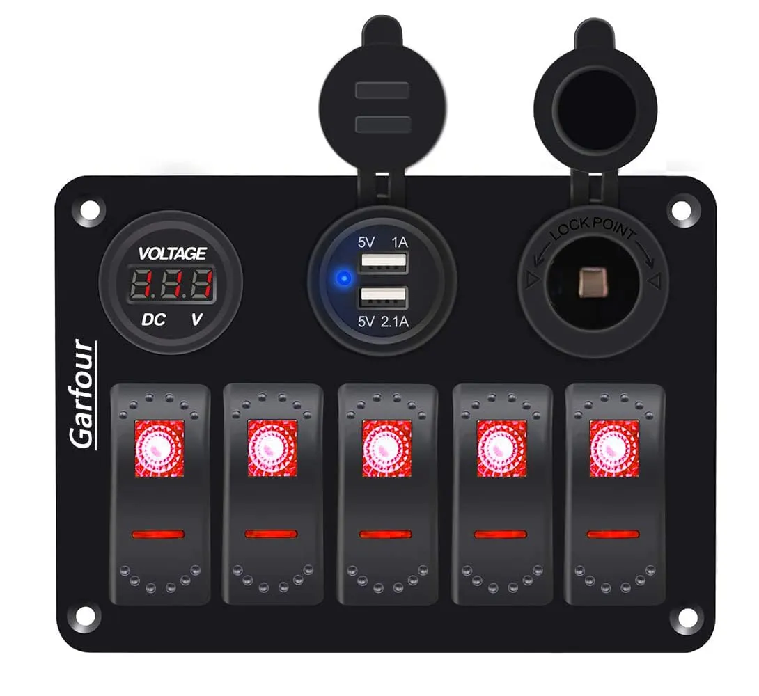 Red 5 Gang Marine Switch Panel - Waterproof Boat Switch Panel with 3.1A Dual USB, LED Voltmeter & Cigarette Lighter Socket for Boats, Trucks, RVs, SUVs