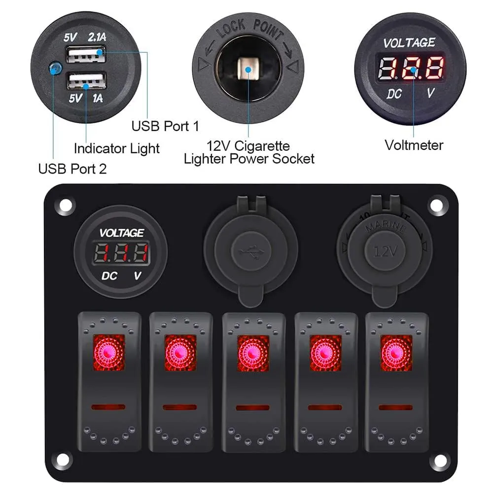Red 5 Gang Marine Switch Panel - Waterproof Boat Switch Panel with 3.1A Dual USB, LED Voltmeter & Cigarette Lighter Socket for Boats, Trucks, RVs, SUVs