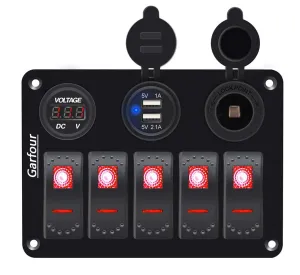 Red 5 Gang Marine Switch Panel - Waterproof Boat Switch Panel with 3.1A Dual USB, LED Voltmeter & Cigarette Lighter Socket for Boats, Trucks, RVs, SUVs