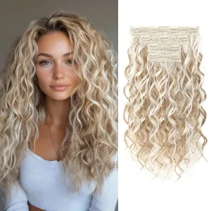REECHO Curly Hair Extensions, 4PCS 16 inch Clip in Hair Extensions Lace Weft Short Curly Hair Extensions Clip Ins Invisible Natural Hairpieces for Women, Ash Blonde with Highlights