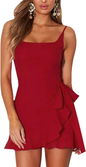 Relipop Women's Dress Spaghetti Strap Waist Tie Knot Wrap Front Ruffle Hem Short Dress