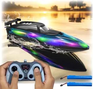 Remote Control Boat for 8-12 and Up – with LED Lights – for Pool and Lake - Remote Controlled Watercraft -RC Boats for Kids 8-12 - 2.4 GHZ - Electric Rechargeable Battery (Blue)