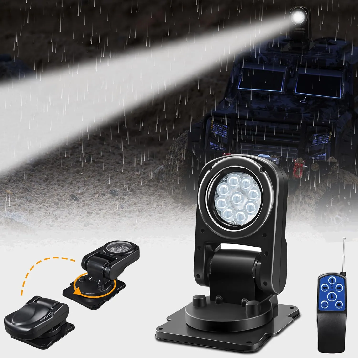 Remote LED Spot Lights for Trucks, Auto-Return 360 Rotating Search Light for Truck Marine Spotlight 180 Folding Backup Lights 12V 24V, Permanent Mount